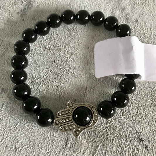 Black agate crystal bracelet with hamsa hand