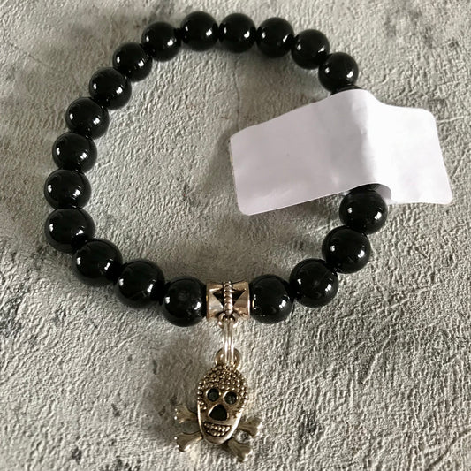 Black agate 8mm crystal bracelet with skull